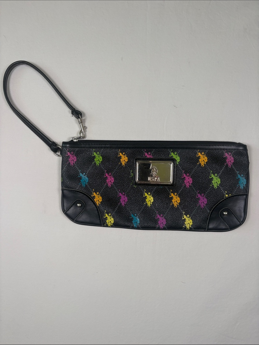 Ralph Lauren Black Wristlet with Multicolor Polo Pony Pattern